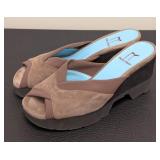 Thierry Rabotin Brown Suede & Fabric Wedge Sandal - Peep Toe EU 36 / US 6
