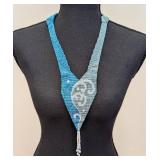 Beaded Collar Necklace - Gradient Blue Beads with White Swirl Pattern, Pearl Tassel