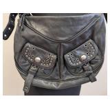 Marc Jacobs Black Leather Shoulder Bag, Studded Front Pockets