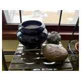 Gnome Garden Statue - Glass Globe on Iron Plant Stand - Ceramic Pots - Garden Decor