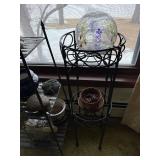 Gnome Garden Statue - Glass Globe on Iron Plant Stand - Ceramic Pots - Garden Decor