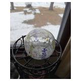 Gnome Garden Statue - Glass Globe on Iron Plant Stand - Ceramic Pots - Garden Decor