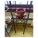 Gnome Garden Statue - Glass Globe on Iron Plant Stand - Ceramic Pots - Garden Decor