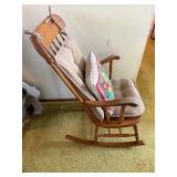 Wooden Rocking Chair - Cushions and Colorful Parrot Throw Pillow