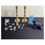 Crystal Glass Animal Figurines Collection with Black Dog, Blue Candle & Brass Candlesticks