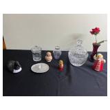 F. Carpenter 1973 Wooden Duck Decoy; Russian Nesting Dolls; Crystal Candy Jar; Vintage Glassware