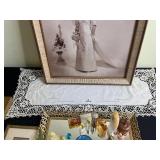 Vintage Wedding Portrait in Ornate Frame, Vanity Tray With Perfume Bottles & Photo Frames