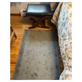 Mid-Century Cross-Leg Ottoman Footstool - Black Leather, 16 in H x 22 in W & Floor Rug