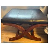 Mid-Century Cross-Leg Ottoman Footstool - Black Leather, 16 in H x 22 in W & Floor Rug
