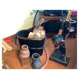 Vintage Black Wood Bucket with Logs, Stoneware Jugs & Clamp Stand - Rustic Workshop Decor