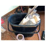 Vintage Black Wood Bucket with Logs, Stoneware Jugs & Clamp Stand - Rustic Workshop Decor