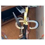 Vintage Black Wood Bucket with Logs, Stoneware Jugs & Clamp Stand - Rustic Workshop Decor