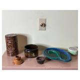 Royal Haeger USA 153 Green Glazed Leaf-Shaped Dish & Vintage Ceramic Pots