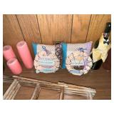 Vintage Wood Shelf Decor - Candles, Patience Plaques, Wine Bottle, Ladder Rack, & Books