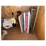 Vintage Wood Shelf Decor - Candles, Patience Plaques, Wine Bottle, Ladder Rack, & Books