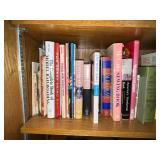Books - Assorted Reference, Bible & Language Titles on Wooden Shelf