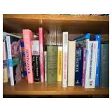 Books - Assorted Reference, Bible & Language Titles on Wooden Shelf