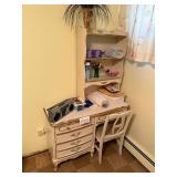 Vanity Desk with Hutch & Chair - Cream Finish, Ornate Gold Trim, 30x43x17 Inc Radio & Misc Contents