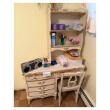 Vanity Desk with Hutch & Chair - Cream Finish, Ornate Gold Trim, 30x43x17 Inc Radio & Misc Contents