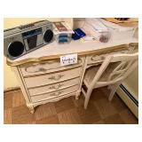 Vanity Desk with Hutch & Chair - Cream Finish, Ornate Gold Trim, 30x43x17 Inc Radio & Misc Contents