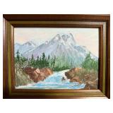 ROBBIE Yellow Robot Toy, Kissing Figurine, Vintage Teddy Bear, Framed Mountain Painting, Blue/White Vase Pair