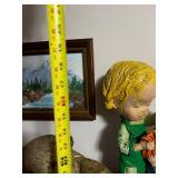 ROBBIE Yellow Robot Toy, Kissing Figurine, Vintage Teddy Bear, Framed Mountain Painting, Blue/White Vase Pair