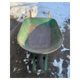 Wheelbarrow - Green Steel Tub with Wooden Handles, One Wheel