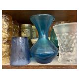 Glassware & Decor - Amber Textured Glasses, Blue Decanter, Clear Goblets, Vanro Floral Ceramic Pot