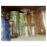 Glassware & Decor - Amber Textured Glasses, Blue Decanter, Clear Goblets, Vanro Floral Ceramic Pot