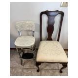 Vintage Cream Floral Upholstered Chairs - Wood Dining Chair & Chrome Folding Stool (Lot of 2)