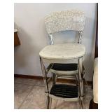 Vintage Cream Floral Upholstered Chairs - Wood Dining Chair & Chrome Folding Stool (Lot of 2)