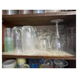 Assorted Glassware - Clear Drinking Glasses & Stemware in Cabinet