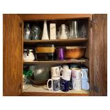 Mugs & Glassware in Wooden Kitchen Cabinet - Assorted Collection