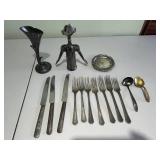 VTG Italian 'Pierre the Sommelier' Silverplated Corkscrew, Silverplated Art Deco Vase & Antique Silverplate Flatware Set with Carving Knives
