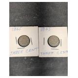 Three-Cent Coins 1865 (Lot of 2)