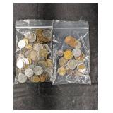 Assorted Coins in Zip Bags - Mixed Currencies, 2 Bags