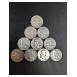 Lot Of 10 Franklin Half Dollars 90% Silver