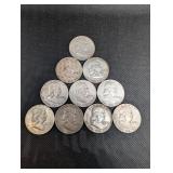 Lot Of 10 Franklin Half Dollars 90% Silver