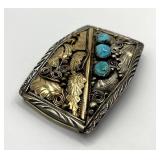 Navajo Sterling Belt Buckle With Turquoise Inlays 12K Gold-Filled