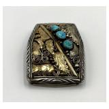 Navajo Sterling Belt Buckle With Turquoise Inlays 12K Gold-Filled