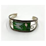 Alpaca Silver Cuff Bracelet - Green Enamel Inlay