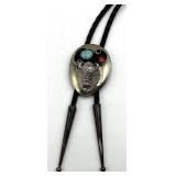 Navajo Sterling Silver Bolo Necklace - Turquoise & Coral Inlay