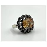 925 Sterling Silver Citrine Marcasite Cocktail Ring - Size 7