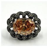 925 Sterling Silver Citrine Marcasite Cocktail Ring - Size 7