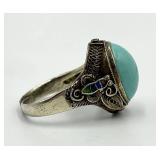 Chinese Export Sterling Filigree Turquoise Ring - Adjustable, Cabochon
