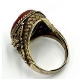 Chinese Export Cinnabar Floral Ring - Gilt Silver Adjustable