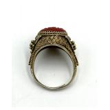 Chinese Export Cinnabar Floral Ring - Gilt Silver Adjustable