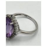 Sterling Silver Oval Amethyst Ring - Halo Setting