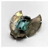 Sterling Silver Brooch Pin with Emerald-Cut Blue-Green Gem