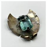 Sterling Silver Brooch Pin with Emerald-Cut Blue-Green Gem